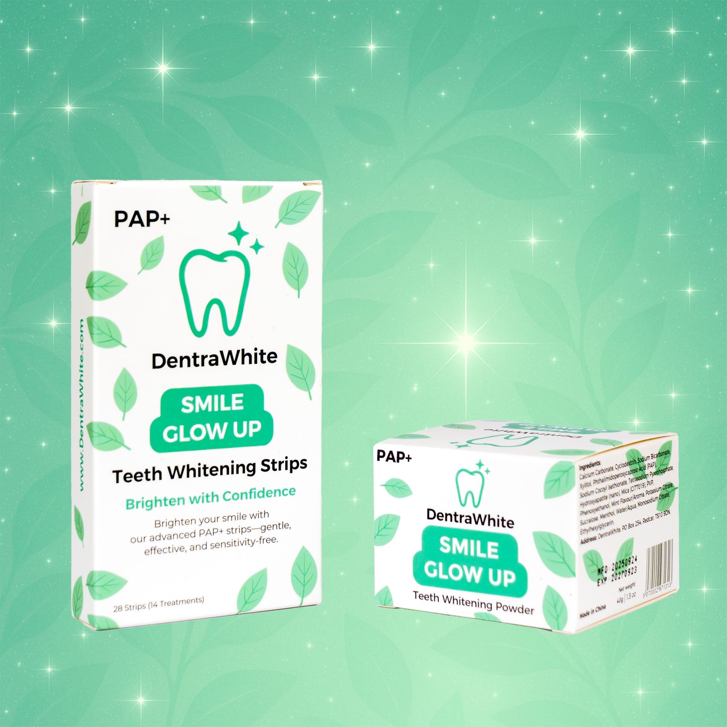 Whitening Essentials Duo – Smile Glow Up Teeth Whitening Powder (PAP+) – XL 40g Jar & Teeth Whitening Strips (PAP+) – 14 Treatments / 28 Strips