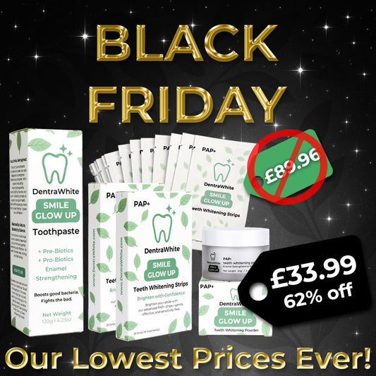 Black Friday Mega Smile Glow Up Bundle – Whitening Strips X2 (28 Treatments) & XL Tube Of Enamel Strengthening Toothpaste & PAP+ Teeth Whitening Powder