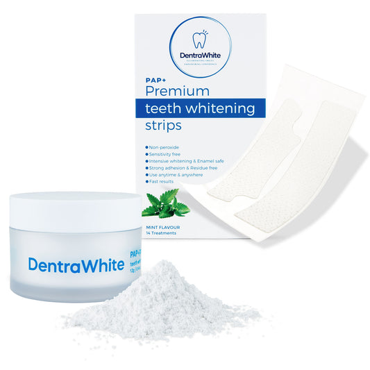 DentraWhite PAP+ Whitening Duo – Teeth Whitening Powder & 14 Whitening Strip Treatments for Stain Removal, Fresh Mint Flavour