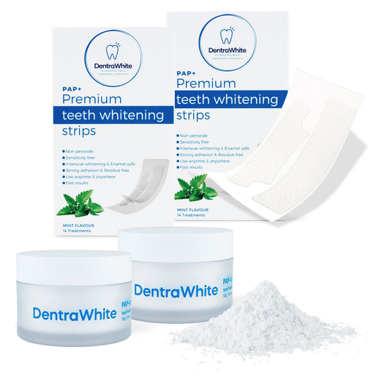 DentraWhite Ultimate Teeth Whitening Bundle – 2x Whitening Powder Jars & 28 Whitening Strip Treatments for Stain Removal, Fresh Mint Flavour