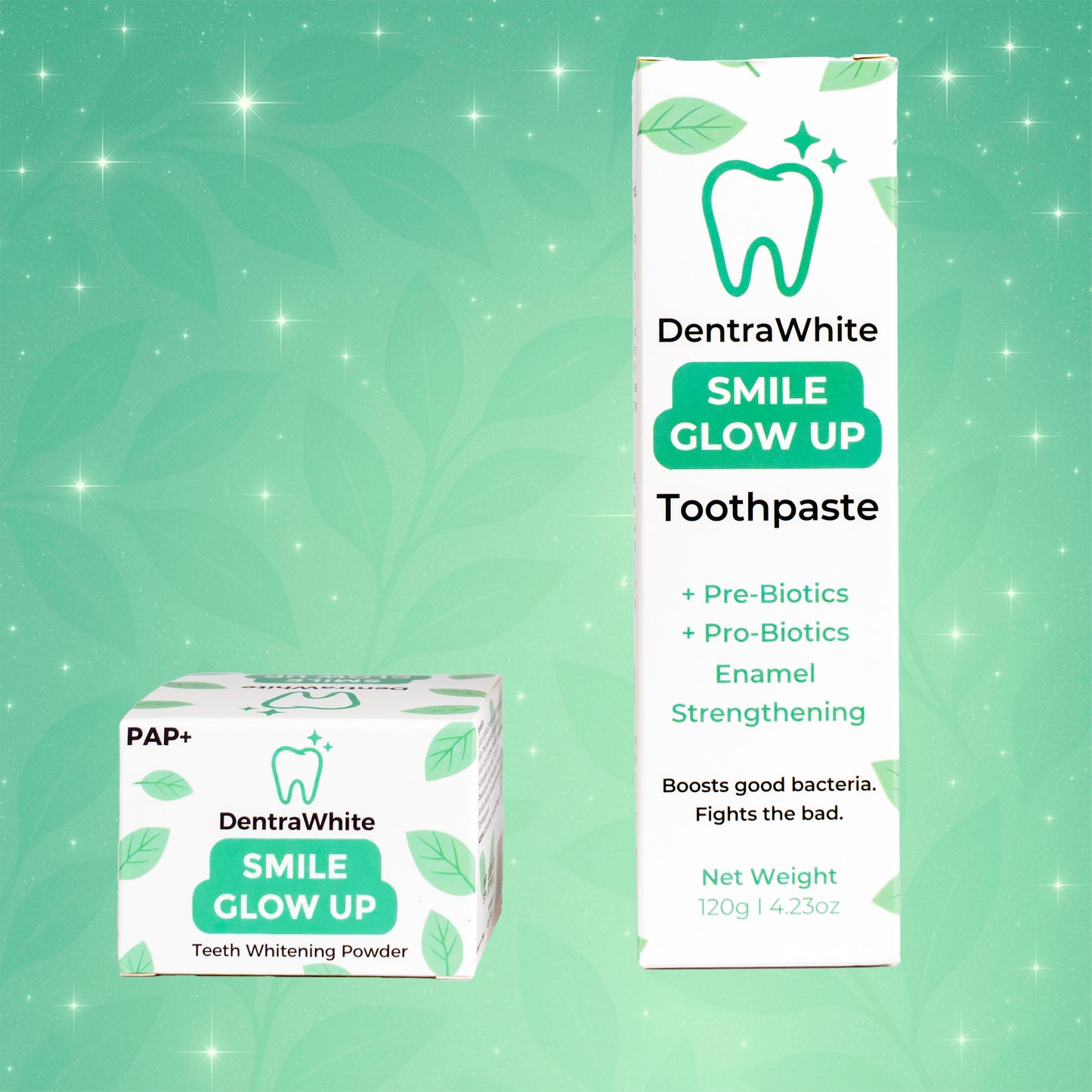 Glow & Protect Duo – Pre + Probiotic Enamel Strengthening Toothpaste (XL 120g) & Smile Glow Up Teeth Whitening Powder (PAP+) – XL 40g Jar