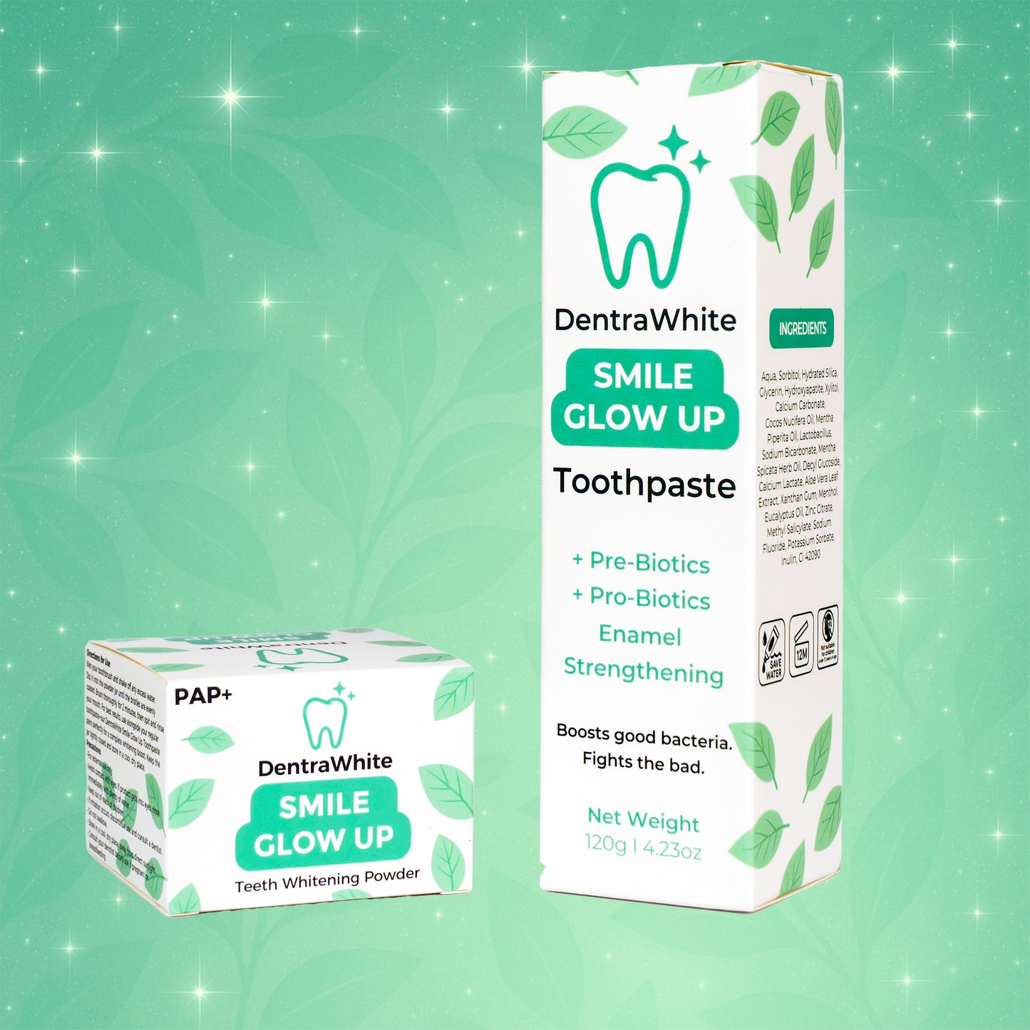 Glow & Protect Duo – Pre + Probiotic Enamel Strengthening Toothpaste (XL 120g) & Smile Glow Up Teeth Whitening Powder (PAP+) – XL 40g Jar