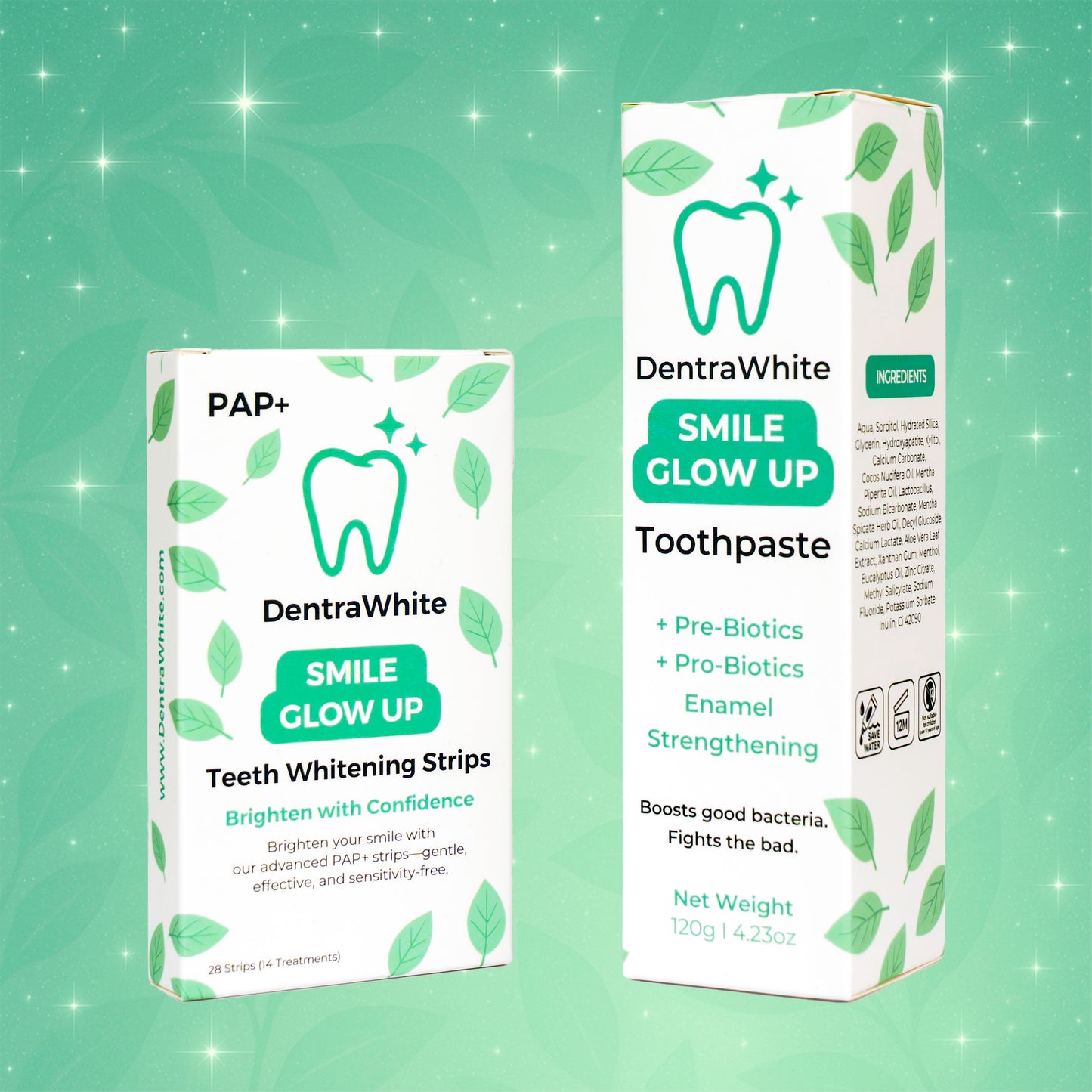 Bright & Fresh Duo – Pre + Probiotic Enamel Strengthening Toothpaste (XL 120g) & Smile Glow Up Teeth Whitening Strips (PAP+) – 14 Treatments / 28 Strips