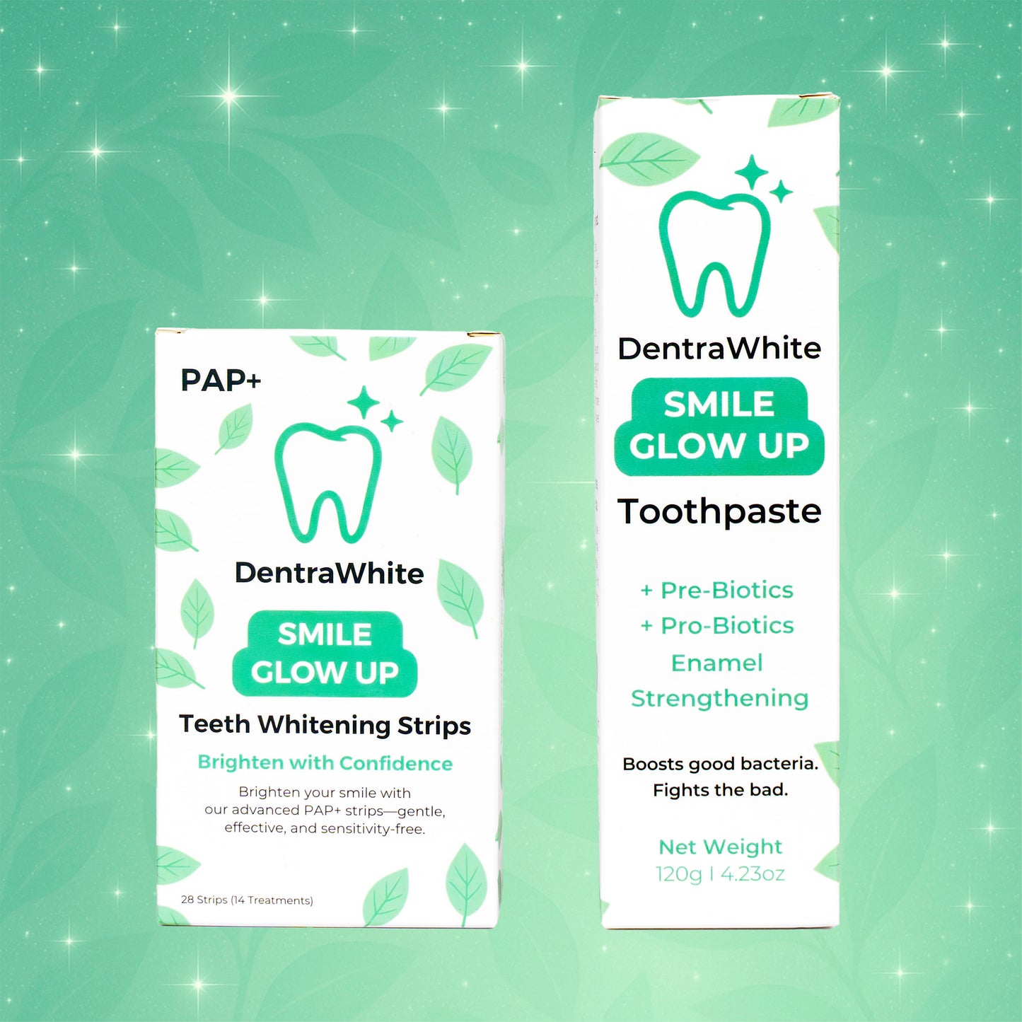 Bright & Fresh Duo – Pre + Probiotic Enamel Strengthening Toothpaste (XL 120g) & Smile Glow Up Teeth Whitening Strips (PAP+) – 14 Treatments / 28 Strips