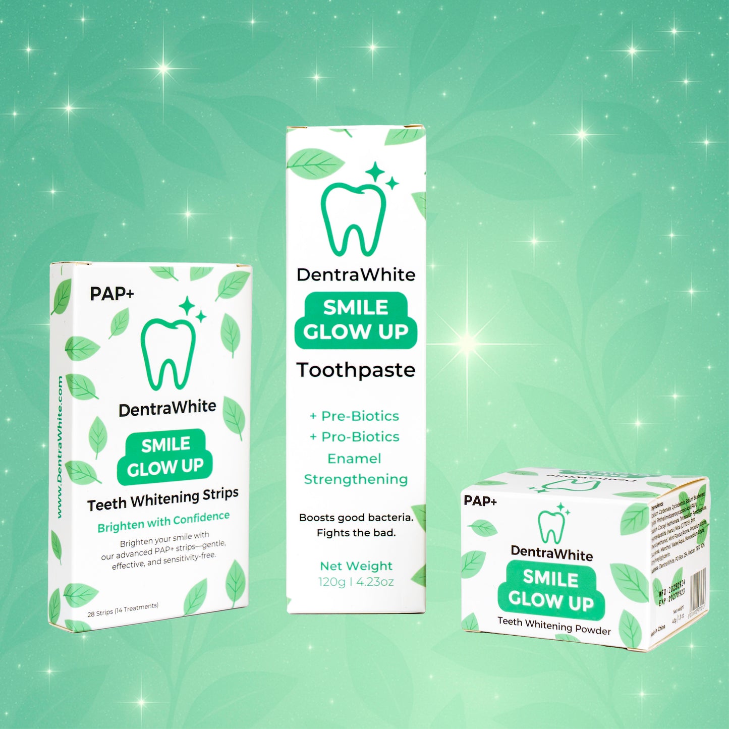 Ultimate Glow Bundle – Pre + Probiotic Enamel Strengthening Toothpaste (XL 120g), Smile Glow Up Teeth Whitening Strips (PAP+) – 14 Treatments / 28 Strips & Teeth Whitening Powder (PAP+) – XL 40g