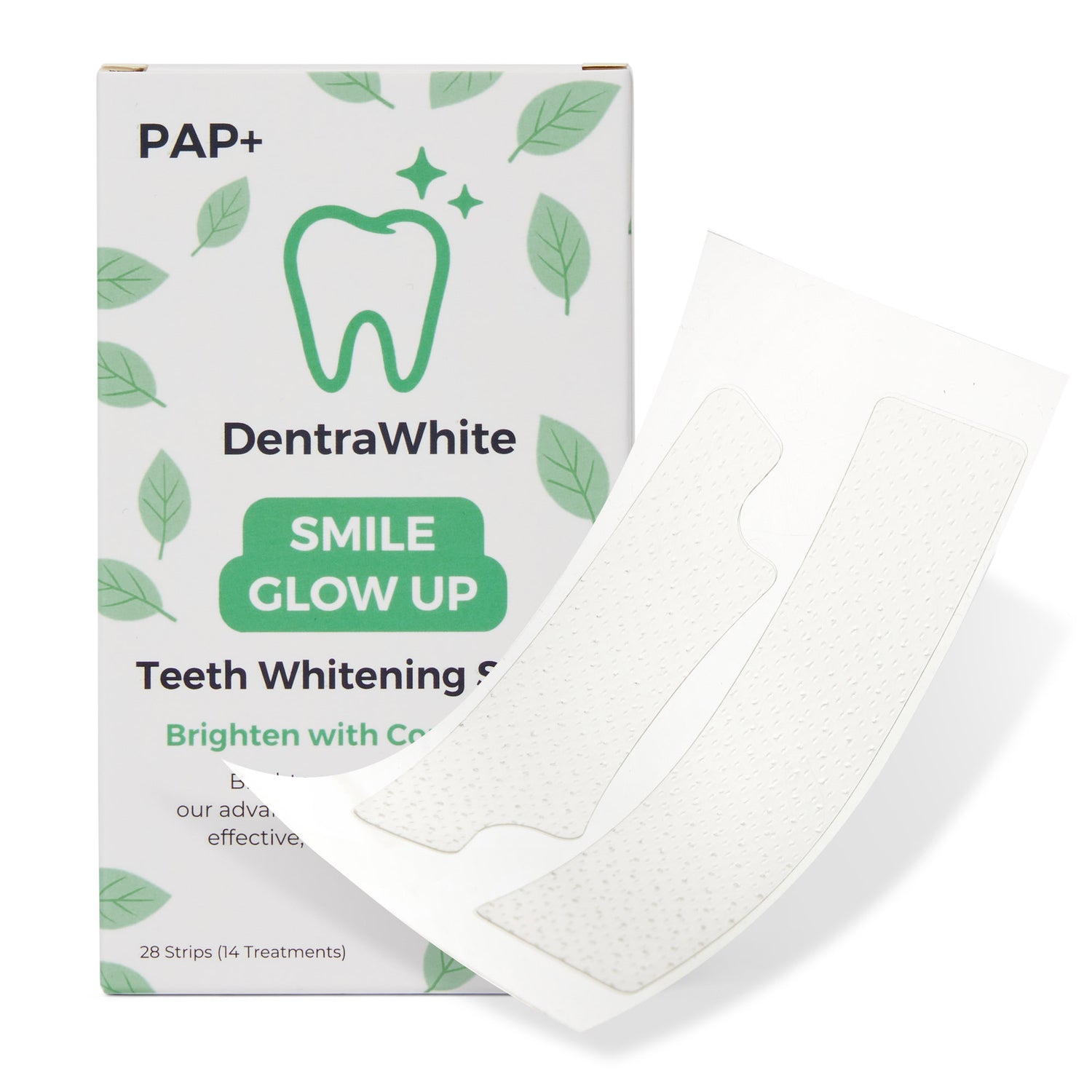 DentraWhite Smile Glow Up PAP+ Teeth Whitening Strips box with whitening strips