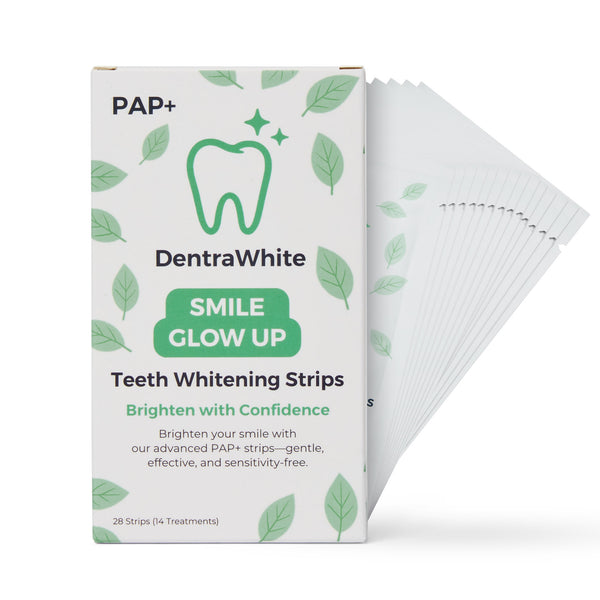 DentraWhite Smile Glow Up PAP+ Teeth Whitening Strips box and strip sachet