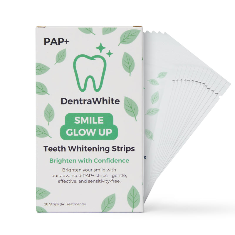 DentraWhite Smile Glow Up PAP+ Teeth Whitening Strips box and strip sachet