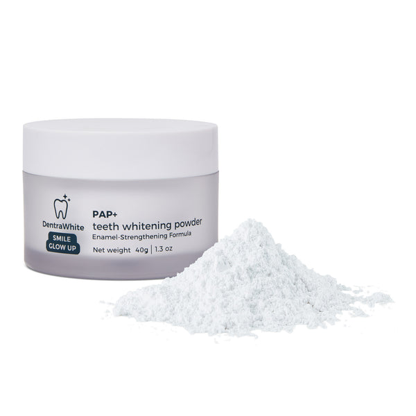 DentraWhite PAP+ Teeth Whitening Powder jar with loose powder