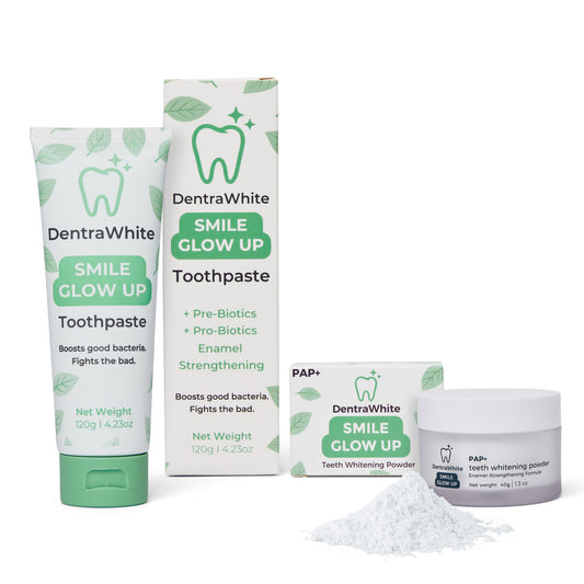 Glow & Protect Duo – Pre + Probiotic Enamel Strengthening Toothpaste (XL 120g) & Smile Glow Up Teeth Whitening Powder (PAP+) – XL 40g Jar