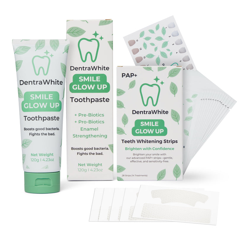 DentraWhite Smile Glow Up toothpaste and PAP+ teeth whitening strips with shade guide and whitening strips