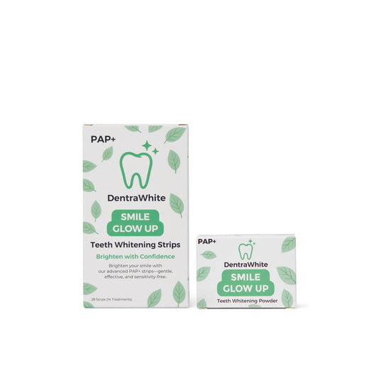 Whitening Essentials Duo – Smile Glow Up Teeth Whitening Powder (PAP+) – XL 40g Jar & Teeth Whitening Strips (PAP+) – 14 Treatments / 28 Strips