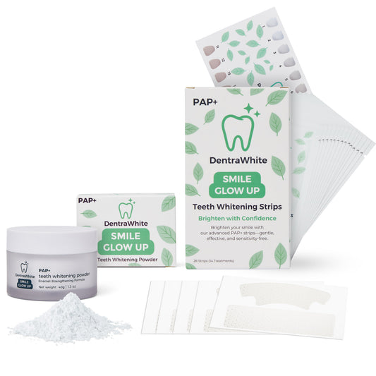 DentraWhite Smile Glow Up PAP+ whitening strips and teeth whitening powder with strips and powder detail