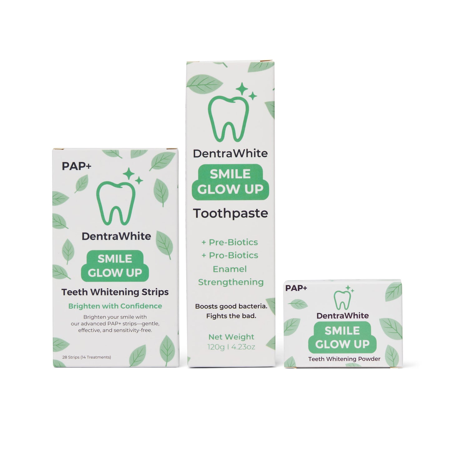 Ultimate Glow Bundle – Pre + Probiotic Enamel Strengthening Toothpaste (XL 120g), Smile Glow Up Teeth Whitening Strips (PAP+) – 14 Treatments / 28 Strips & Teeth Whitening Powder (PAP+) – XL 40g