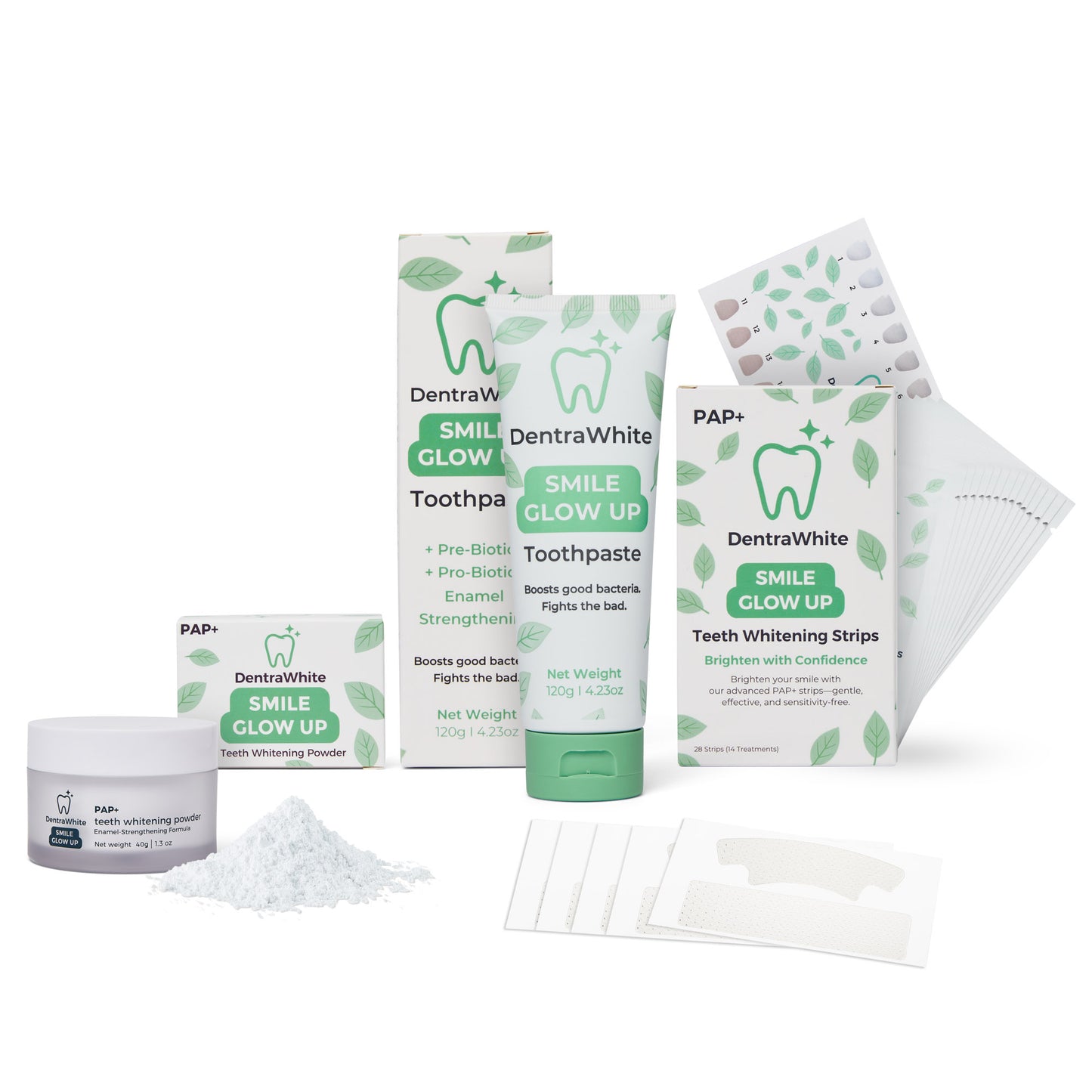 Ultimate Glow Bundle – Pre + Probiotic Enamel Strengthening Toothpaste (XL 120g), Smile Glow Up Teeth Whitening Strips (PAP+) – 14 Treatments / 28 Strips & Teeth Whitening Powder (PAP+) – XL 40g