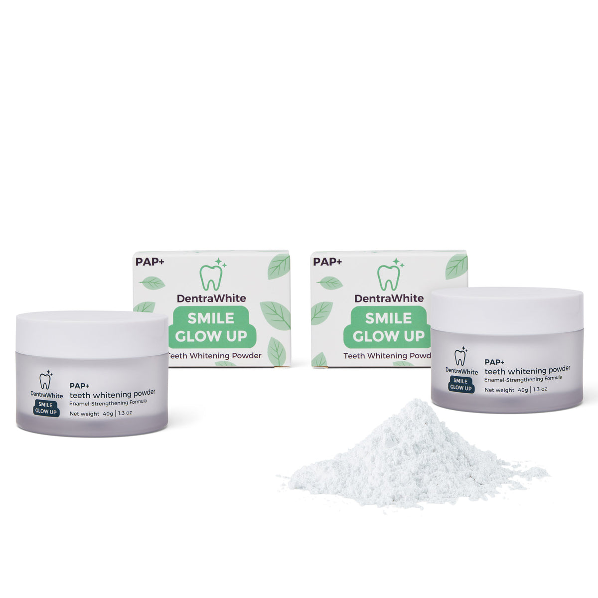 DentraWhite Radiant Powder Pair with two PAP+ Teeth Whitening Powder jars and powder detail