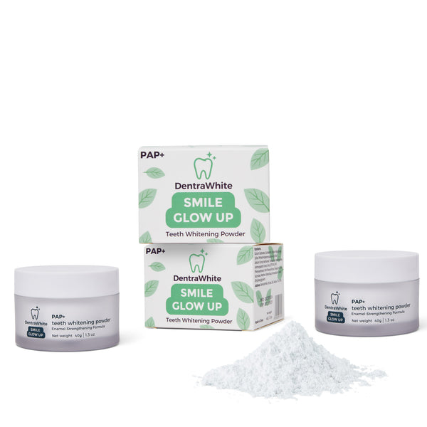 Two DentraWhite Smile Glow Up PAP+ Teeth Whitening Powder jars with box and loose powder