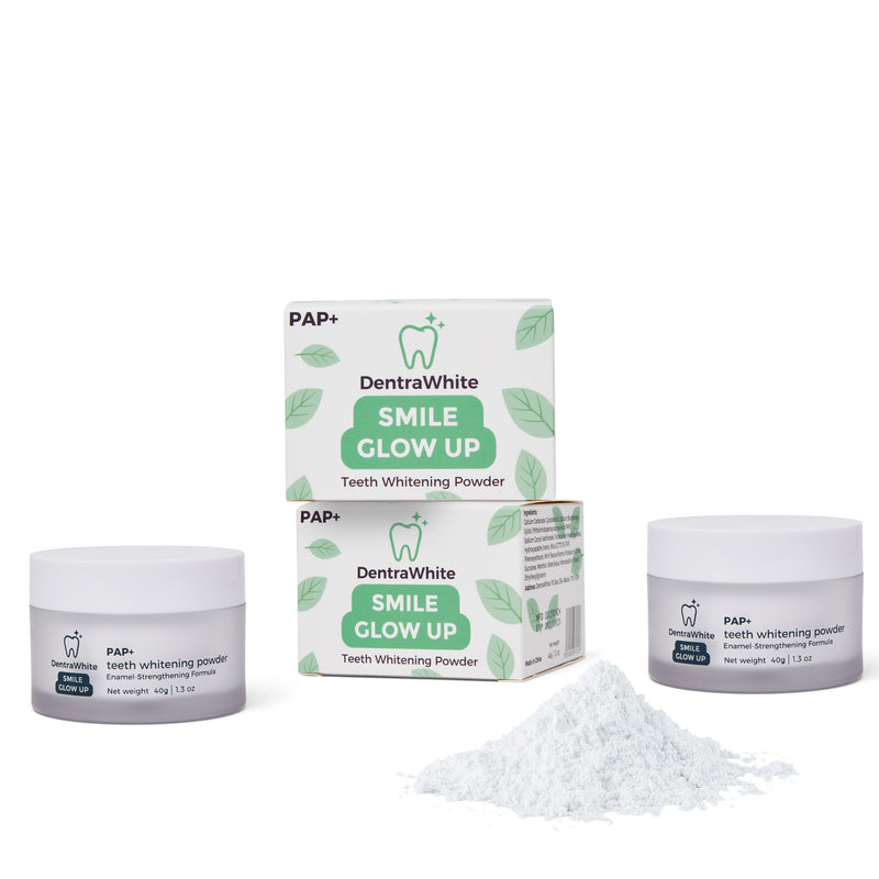 Two DentraWhite Smile Glow Up PAP+ Teeth Whitening Powder jars with box and loose powder