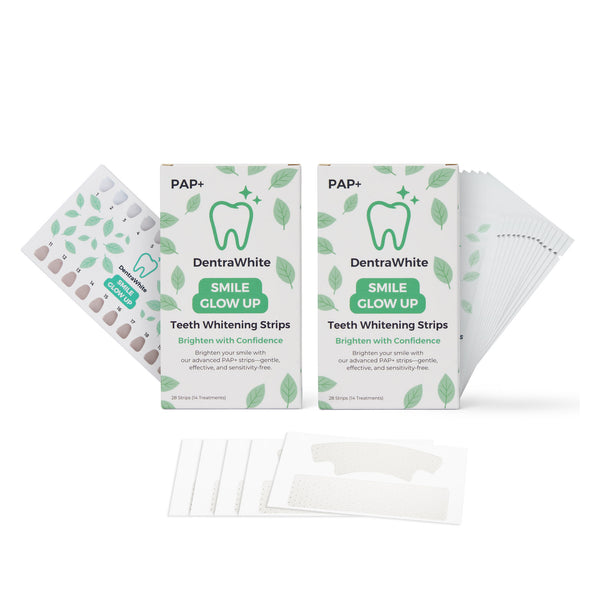 Two DentraWhite PAP+ Teeth Whitening Strips boxes with shade guide, sachets and whitening strips