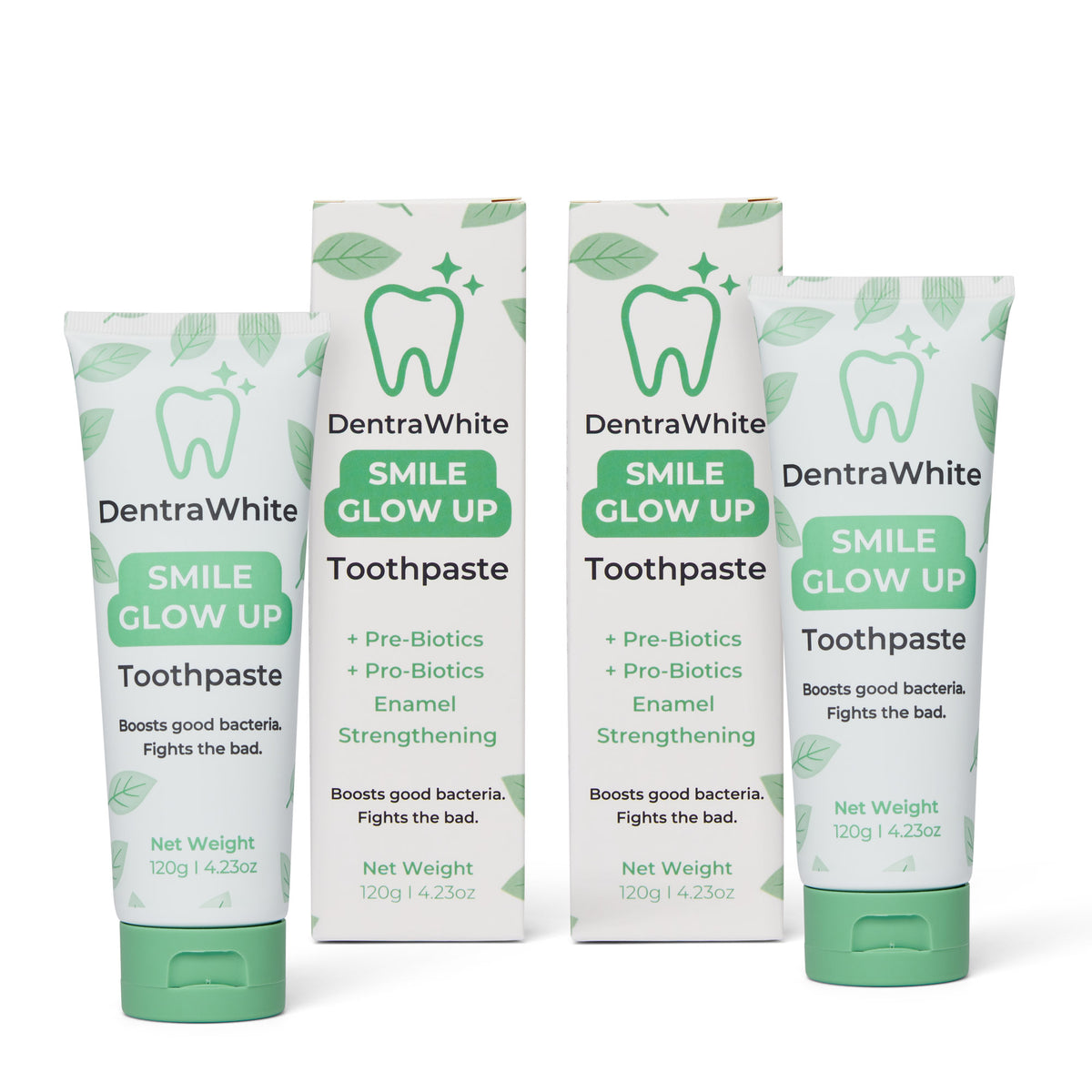 DentraWhite Daily Care Twin Pack with two Smile Glow Up Pre + Probiotic Toothpaste tubes