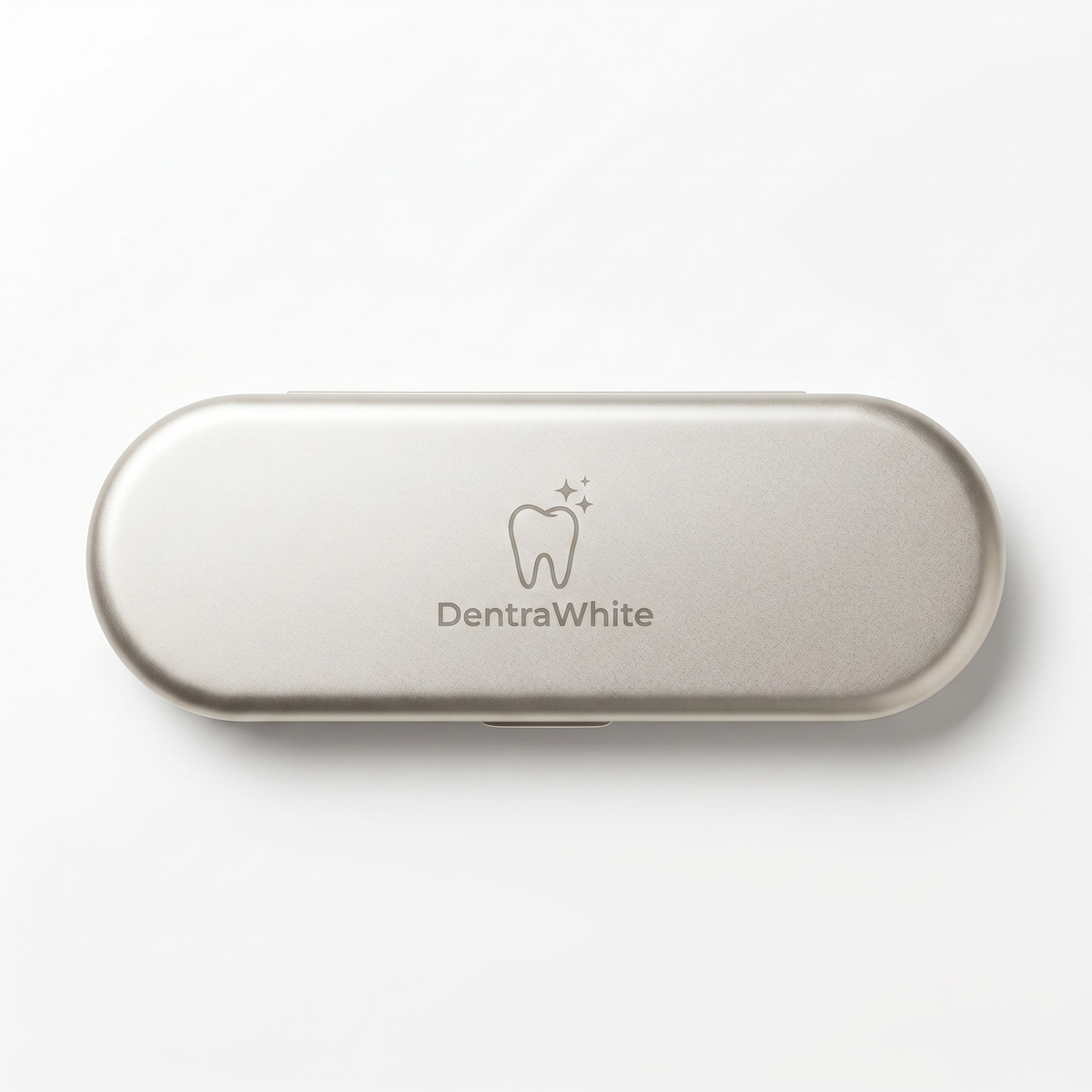 DentraWhite silver travel tin for storing stainless steel tongue scraper tools on a white background