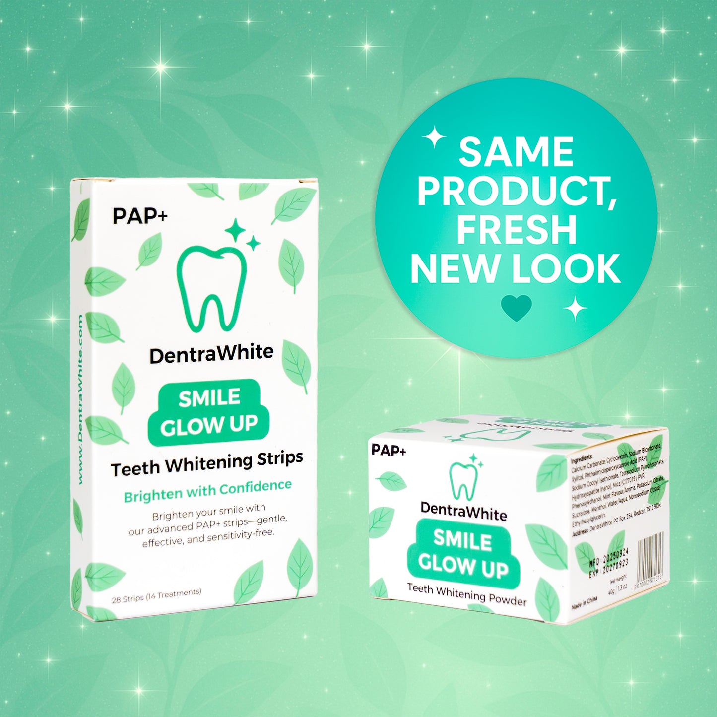 Whitening Essentials Duo – Smile Glow Up Teeth Whitening Powder (PAP+) – XL 40g Jar & Teeth Whitening Strips (PAP+) – 14 Treatments / 28 Strips