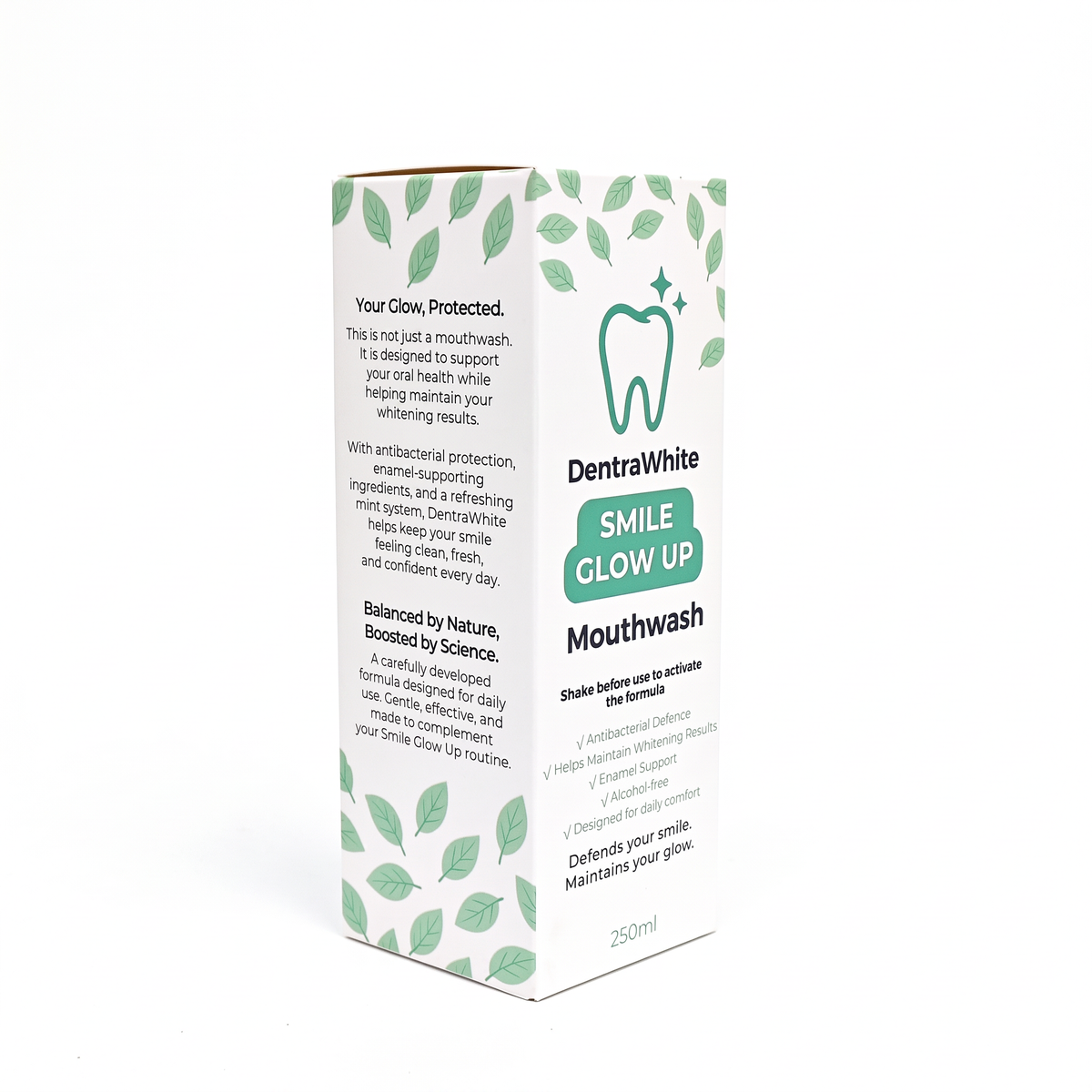 DentraWhite Smile Glow Up Mouthwash 250ml box showing front and side packaging with antibacterial, enamel-support and alcohol-free benefits.