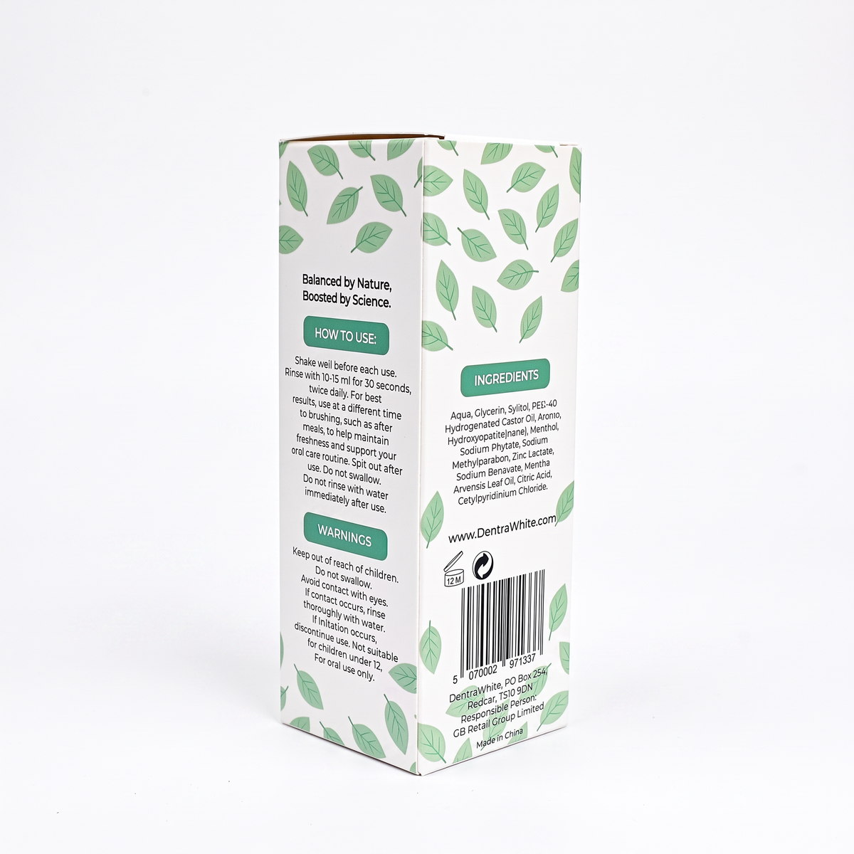 DentraWhite Smile Glow Up Mouthwash 250ml box showing directions for use, warnings, ingredients and product information on the back and side panels.