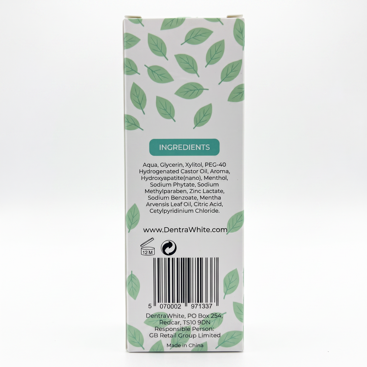 DentraWhite Smile Glow Up Mouthwash 250ml packaging showing the full ingredients list, barcode and product information.