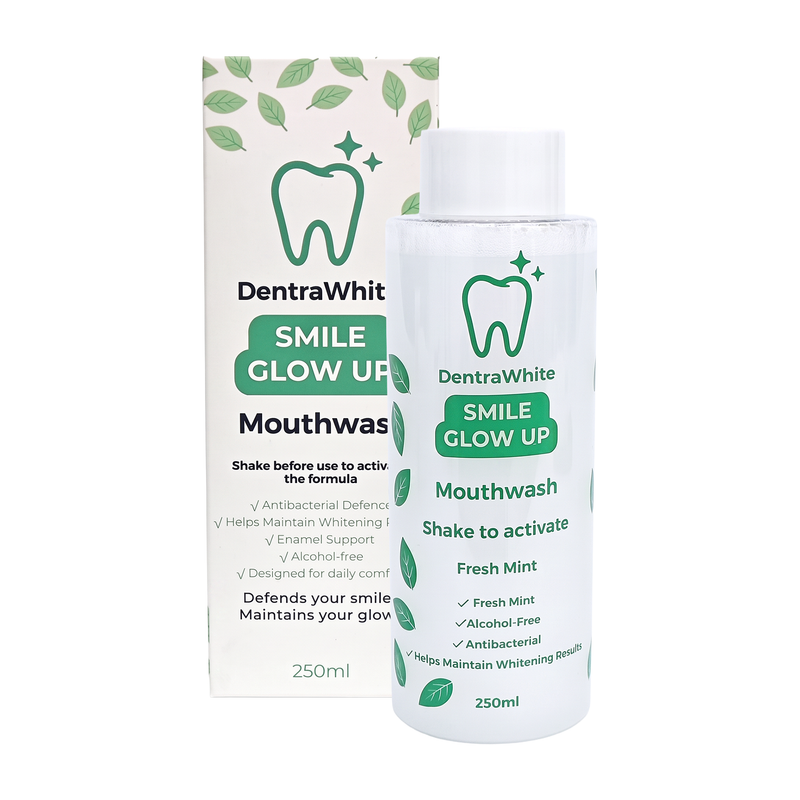 DentraWhite Smile Glow Up Fresh Mint Mouthwash 250ml bottle with matching box, alcohol-free antibacterial daily mouthwash.