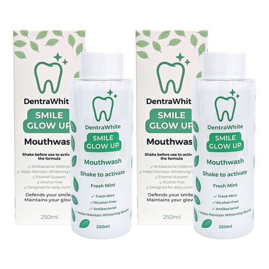 DentraWhite Fresh Mint Mouthwash twin pack with two 250ml alcohol-free antibacterial mouthwash bottles and boxes.
