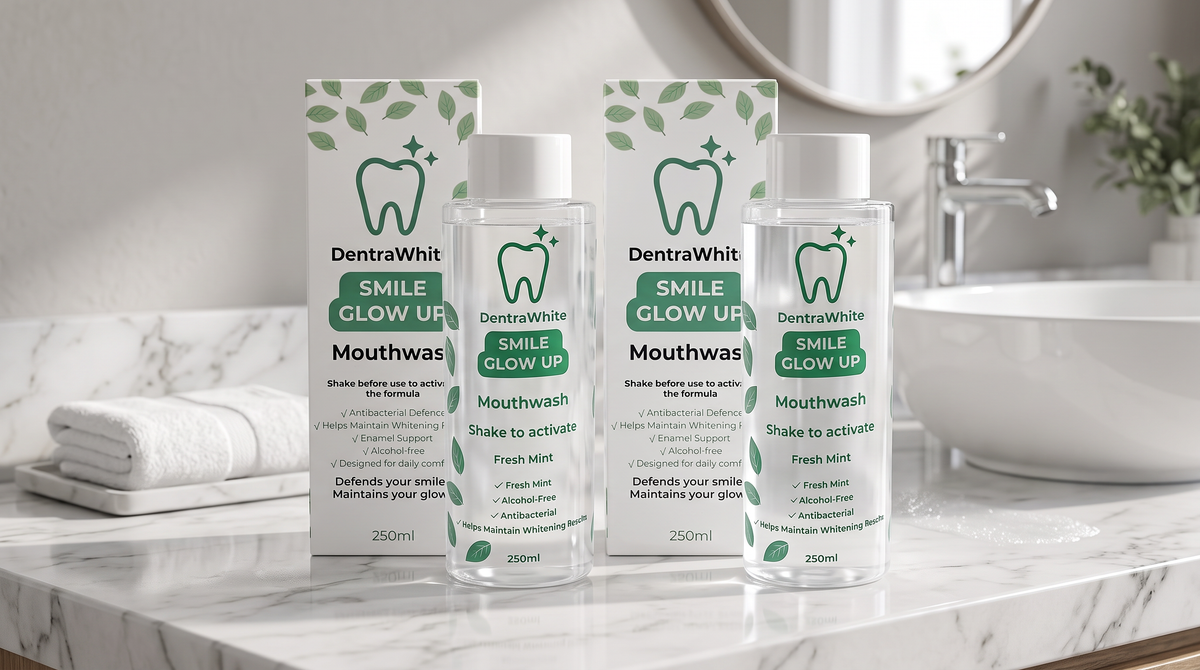 Two bottles and boxes of DentraWhite Smile Glow Up mouthwash arranged on a white marble bathroom counter with a sink and mirror in the background.