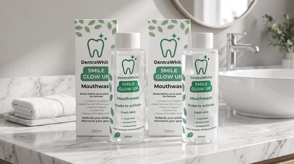 Two bottles and boxes of DentraWhite Smile Glow Up mouthwash arranged on a white marble bathroom counter with a sink and mirror in the background.