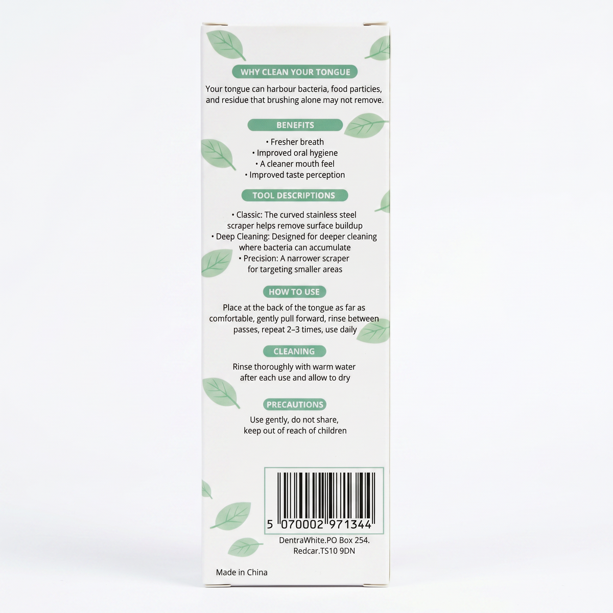 Back of DentraWhite tongue scraper packaging showing benefits, tool descriptions, how to use, cleaning instructions and barcode