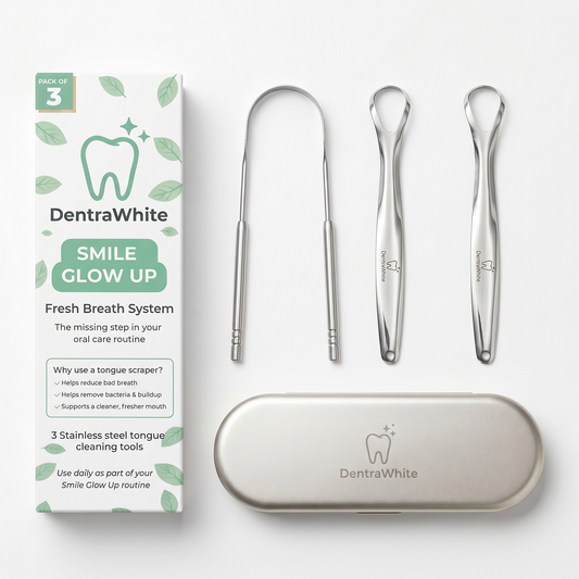 DentraWhite tongue scraper set with three stainless steel tongue cleaners, travel tin and packaging on a white background