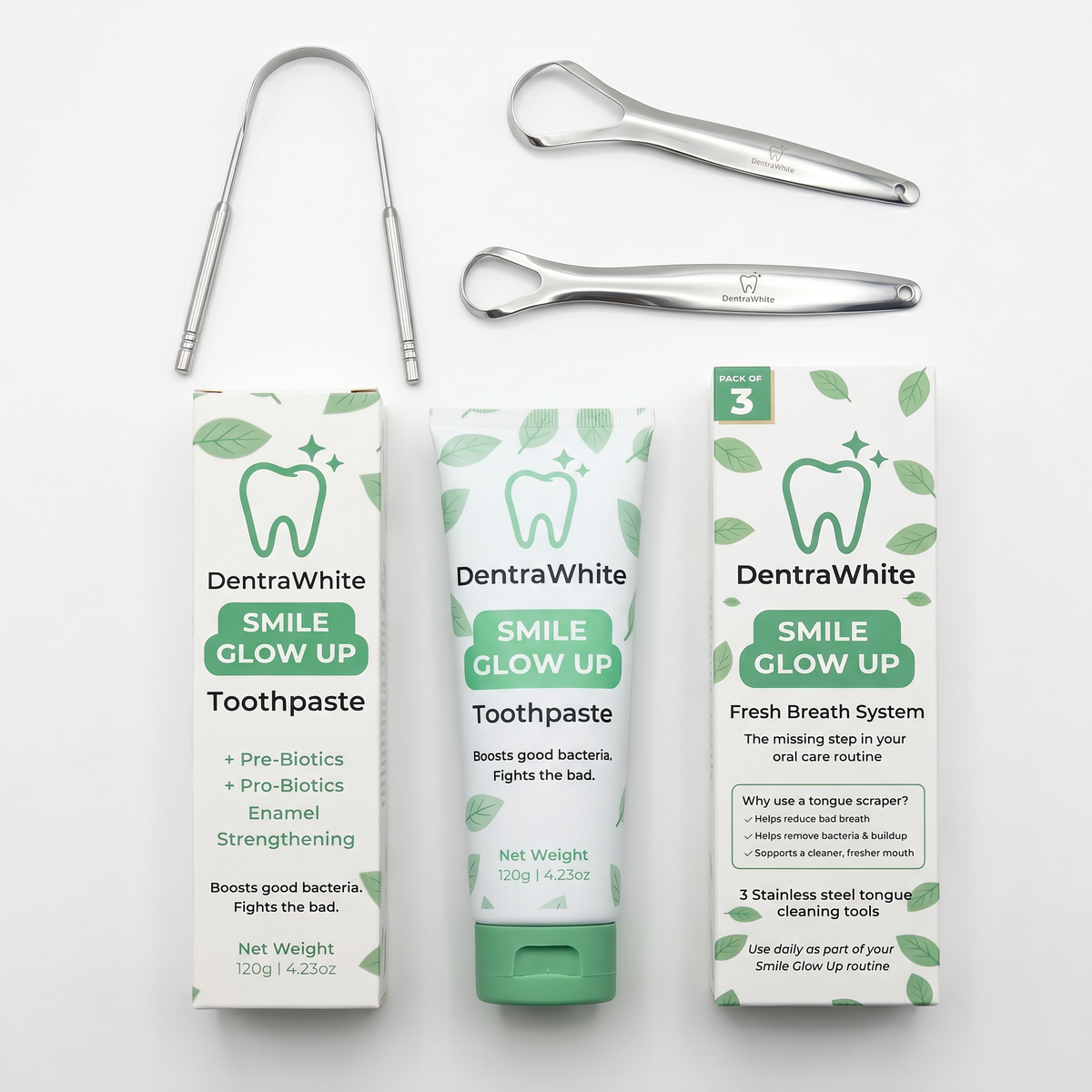 DentraWhite Fresh & Protect Duo with 120g pre and probiotic toothpaste and three stainless steel tongue scrapers