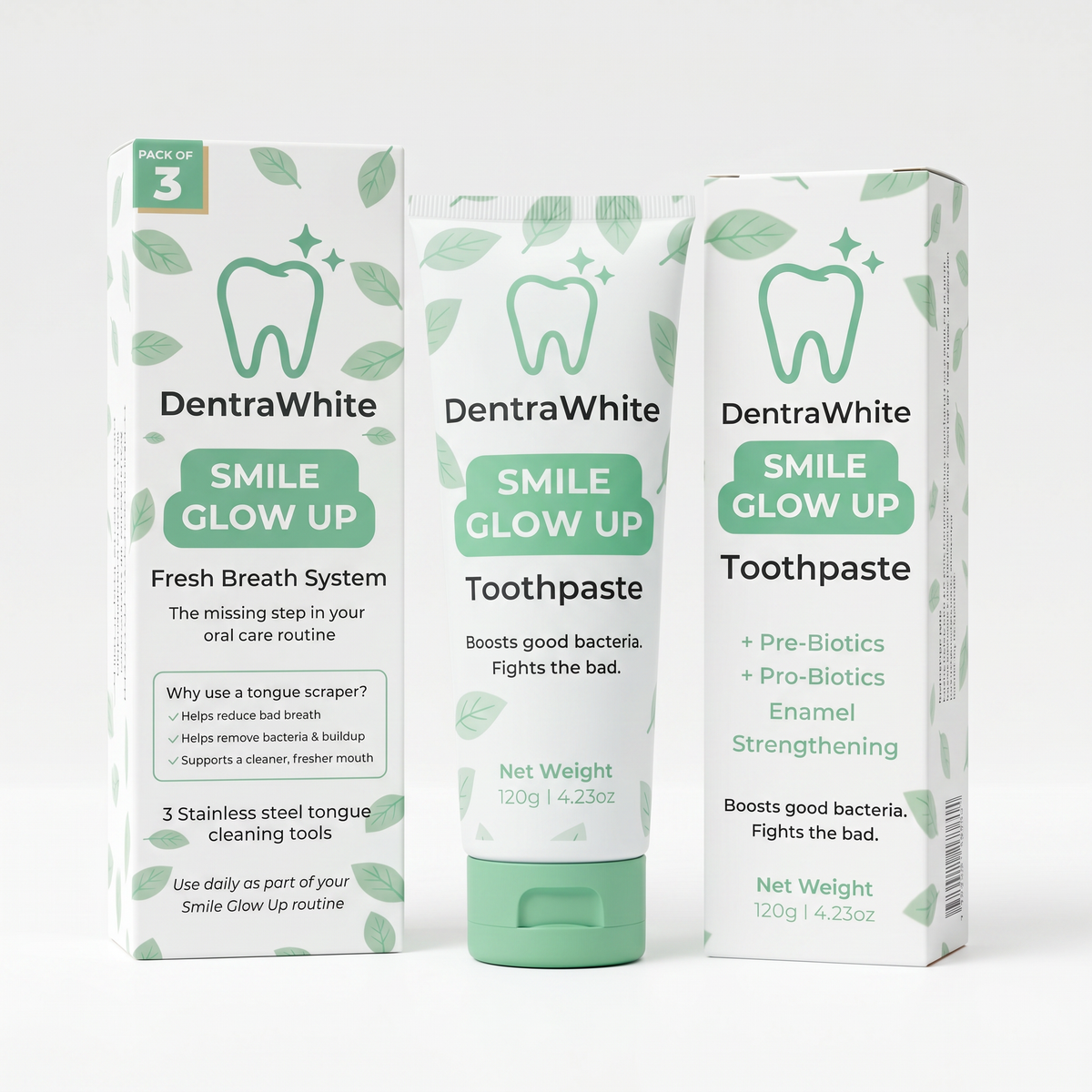DentraWhite Fresh & Protect Duo with 120g pre and probiotic toothpaste and a pack of three stainless steel tongue scrapers